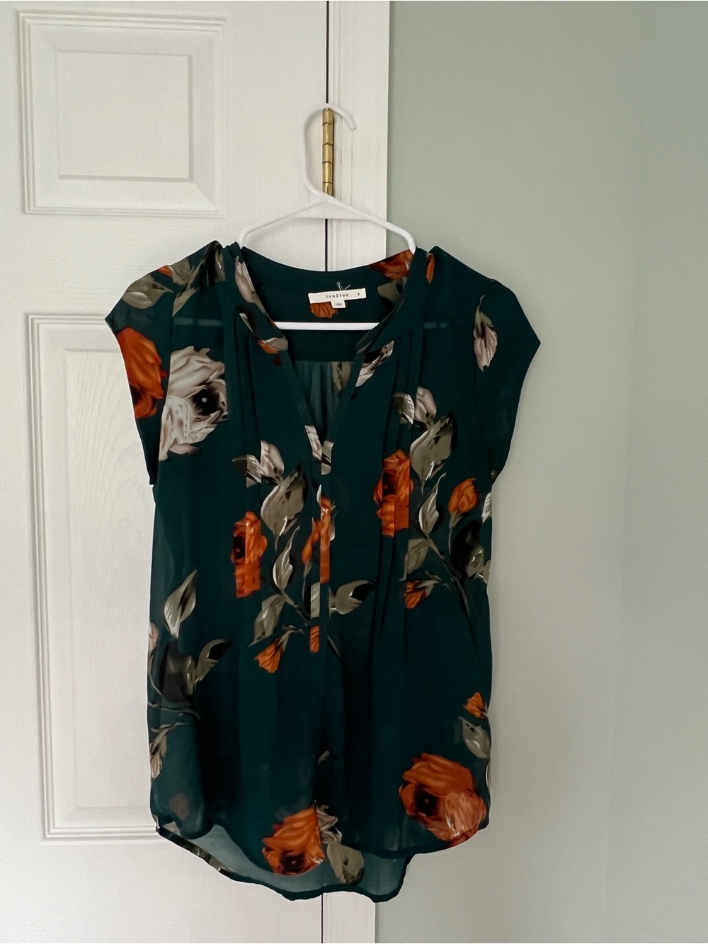 fun 2 fun Teal Green Floral V-Neck Blouse with Orange & Cream Accents